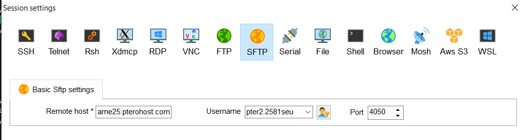 Заполненная сессия SFTP в MobaXterm